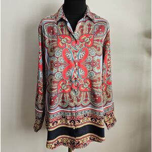 EUC ZARA Women's Red Paisley L/S Silky Satin Poly Button Front Blouse Med M